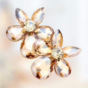 Gold Earrings, Large Gold Stud Rhinestone Earrings, Light Topaz Pageant Earrings, Gold Formal Evening Earrings, Topaz Dangle Earrings