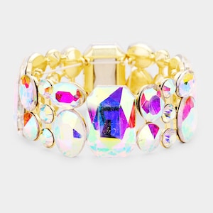 Rhinestone Bracelet, Ab and gold prom bracelet, Ab and gold bridal bracelet, chunky formal iridescent stretch bracelet. dressy bracelet