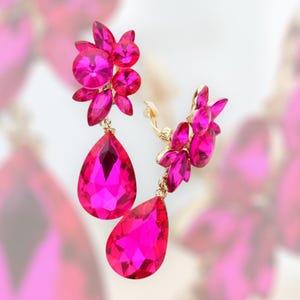 Pink Earrings/ Hot Pink Clip On Earrings/ Fuchsia Teardrop Earrings/ Pink Pageant Earrings/ Fuchsia Formal Clip On Earring