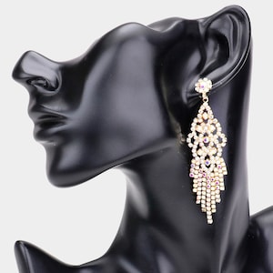 rhinestone earrings, bridal earrings, Iridescent and gold pageant earrings, AB prom dangle earrings, formal evening earrings
