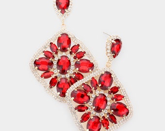 Red Rhinestone Earrings, Red ON stage earrings, Red Pageant Earrings, Formal Red Statement Earrings, Large  Red dangle earrings