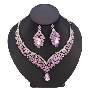 Pink Rhinestone Necklace and Earring Set, light pink prom necklace and earring, Formal light pink jewelry set for special occasions