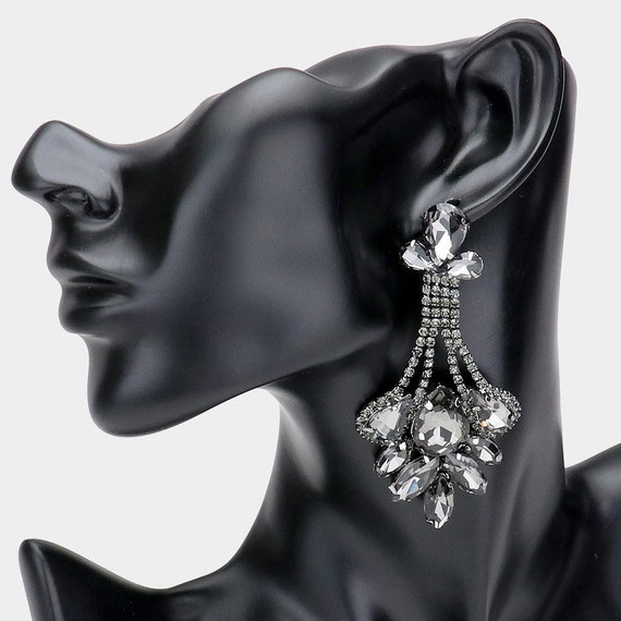 Silver Rhinestone Earring, Gray Chandelier Pageant Earrings