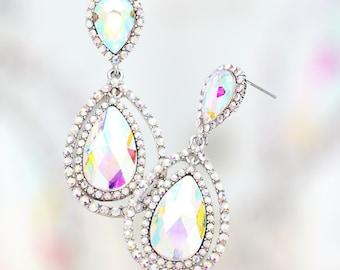 Bridal earrings, AB and Silver chandelier earrings, Iridescent rhinestone earrings, AB and Silver pageant earrings, AB earring