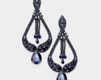 Navy Blue Earrings, long Blue crystal earrings, oversized blue earrings,  blue statement earrings, extra long black dangly stage earring