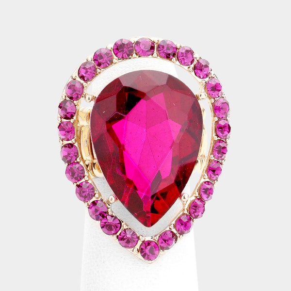 pink crystal ring, hot pink Teardrop statement ring, pink rhinestone ring, fuchsia stretch ring