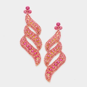 Pink Earrings/ Large Pink Rhinestone Earrings/ Pink and Gold Pageant Earrings/ Long chandelier earrings/ Oversized Pink Earrings