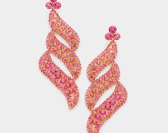 Pink Earrings/ Large Pink Rhinestone Earrings/ Pink and Gold Pageant Earrings/ Long chandelier earrings/ Oversized Pink Earrings