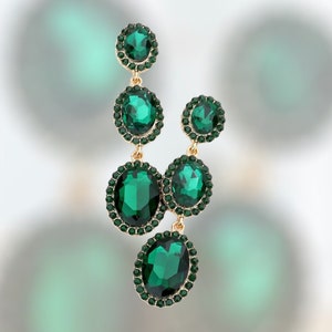 Green Rhinestone Earrings, Emerald Pageant Earrings, Long Green Prom Earrings, Emerald Holiday Earrings, Long Green Formal Earrings