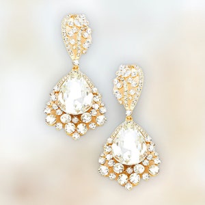 Bridal Earrings,  Chunky Rhinestone Earrings,  Clear crystal Dangle Earrings, Clear and gold Pageant Earrings,  Formal Chandelier Earrings
