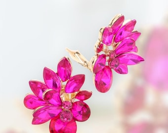 Hot pink Earrings, Fuchsia Clip On large stud earrings, Hot Pink Clip On bridal party earrings, Pink earrings, Pink prom earrings