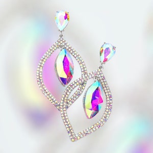 Rhinestone Bridal Earrings, AB Silver Dangle Pageant Earrings/ Iridescent Dangle Formal Earrings, AB and Silver Wedding Earring