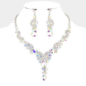 Necklace and Earring Set/ Bridal AB and Silver Rhinestone Necklace set/ Pageant, Prom/ Jewelry Set/ AB Iridescent stones and Silver Jewelry