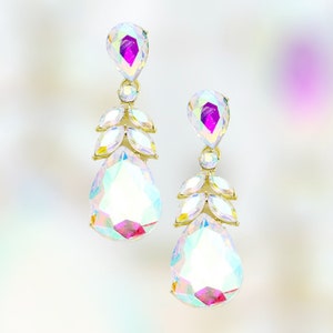 rhinestone earrings, bridal earrings, AB and gold pageant earrings, prom dangle earrings, formal irridescent evening earrings