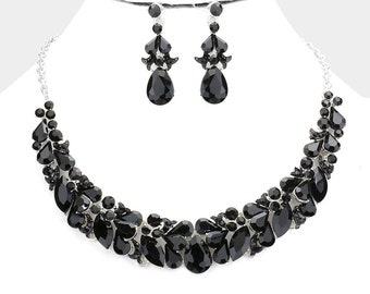 Black Rhinestone Necklace and Earring Set, Black prom necklace and earring set, Rhinestone Necklace and Earring Set