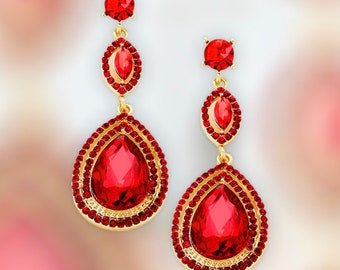 Red Earrings, Ruby Red Pageant Earrings, Red Dangle Earrings, Formal Red Earrings, Red Rhinestone Earrings, Ruby Holiday Earrings