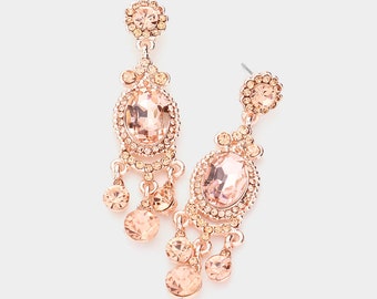 Rose Gold Earrings, Peach rhinestone dangle earrings, Rose Gold bridal earrings, peach earrings, rose gold prom earrings