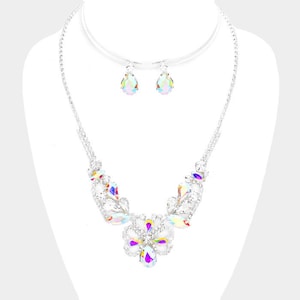 Silver AB Tear Drop  Rhinestone, Evening Necklace and earring set, Formal Necklace earrings set, Bridal jewelry, Pageant necklace