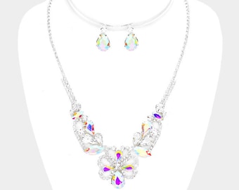 Silver AB Tear Drop  Rhinestone, Evening Necklace and earring set, Formal Necklace earrings set, Bridal jewelry, Pageant necklace