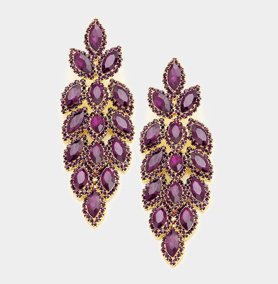 Purple Rhinestone Earrings Large Dark Purple Earrings Purple Pageant Earrings Purple Formal Earrings