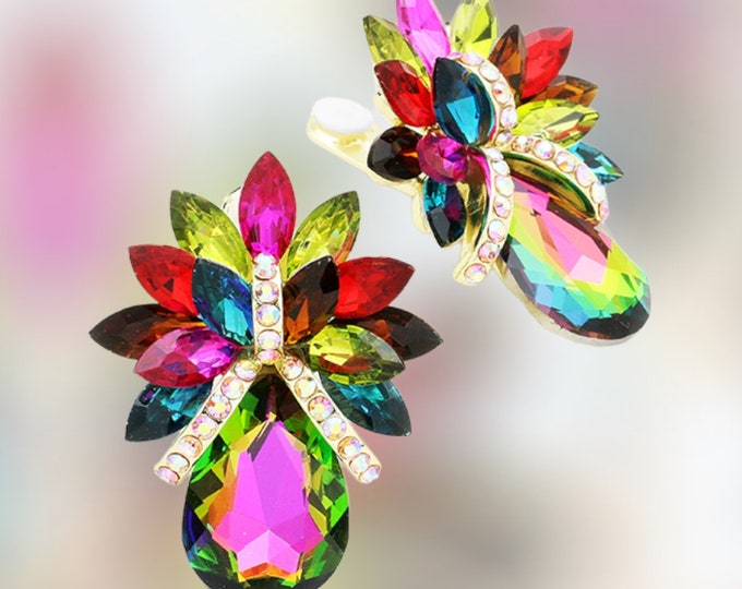 Multi Color Rhinestone Earrings/ Multi Color Clip ON Earrings/ Multi ...