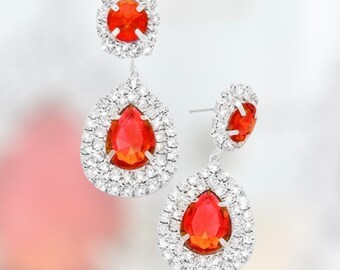 Red Rhinestone Earrings, Ruby Red Dangle Pageant Earrings, Red Dangle Formal Earrings, Ruby Red Bridal Earrings