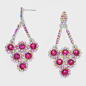 Pink Earrings, Pink AB floral Dangle Earrings, Pink Rhinestone Pageant/ prom Earrings, Bridal Party Pink Earrings