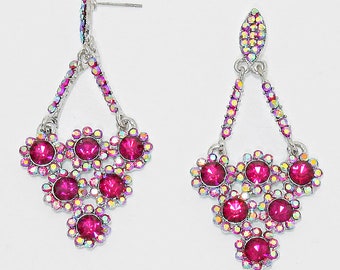 Pink Earrings, Pink AB floral Dangle Earrings, Pink Rhinestone Pageant/ prom Earrings, Bridal Party Pink Earrings
