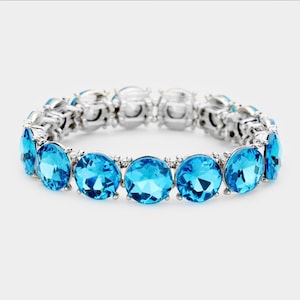 Aqua blue bracelet, Blue Pageant/ Prom stretch Bracelet,  Blue Zircon statement bracelet, Turquoise Bracelet