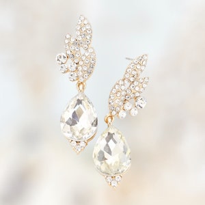 Bridal Earrings, Clear Rhinestone Pageant Earrings, Clear and Gold Formal Earrings, Clear and Gold Prom Earrings, Clear Evening Earrings