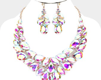 Juego de collar y aretes iridiscentes. Elegante AB y collar de noche de oro, juego de collar y aretes de graduación, juego de joyas de desfile