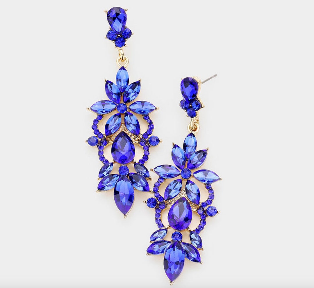 Blue Rhinestone Earrings, Royal Blue Pageant Earrings, Royal Blue