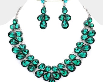 Emerald green Rhinestone necklace, Large necklace in green, Emerald green necklace set for pageant, prom and special occasions
