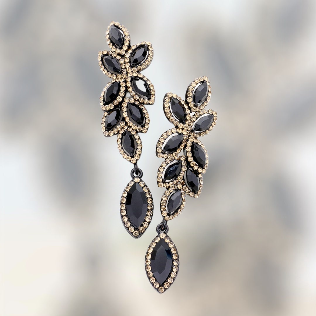 Light Gold Earrings Gold and Black Rhinestone Dangle Etsy