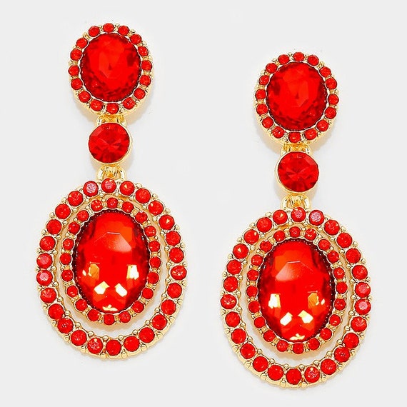 Red earrings, red rhinestone dangle earrings, dress red pageant earrings,  red prom earrings, red holiday earrings