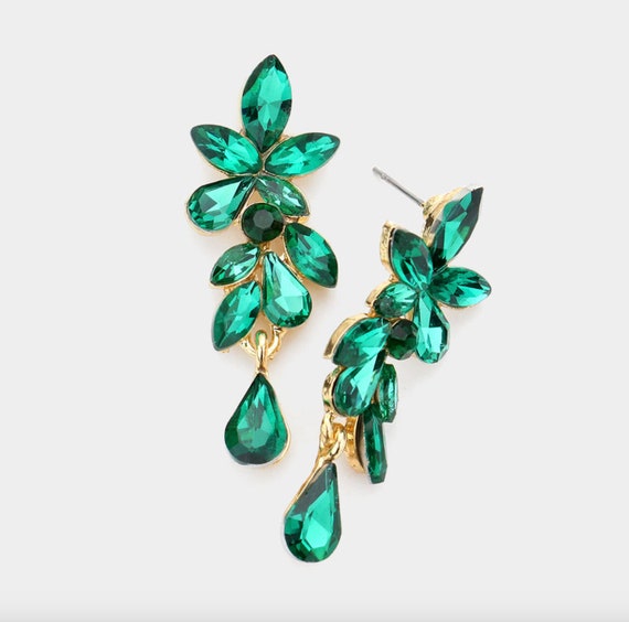 Green Earrings, Emerald Green Rhinestone Earrings, Pageant Earrings, Prom  Jewelry, Bridal Chandelier Earrings
