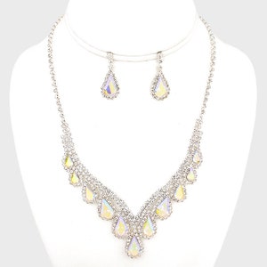 Silver AB Tear Drop  Rhinestone, Evening Necklace and earring set, Formal Necklace earrings set, Bridal jewelry, Pageant necklace