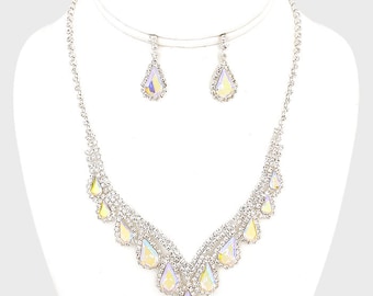 Silver AB Tear Drop  Rhinestone, Evening Necklace and earring set, Formal Necklace earrings set, Bridal jewelry, Pageant necklace