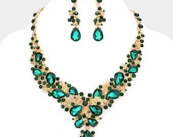 Emerald green Rhinestone necklace, Large necklace in green, Emerald green necklace set for pageant, prom and special occasions