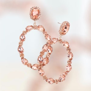 Rose Gold Hoop Earrings, Peach Pageant hoop Earrings, Prom Earrings, Bridal Rose Gold Hoop Dangle Earrings