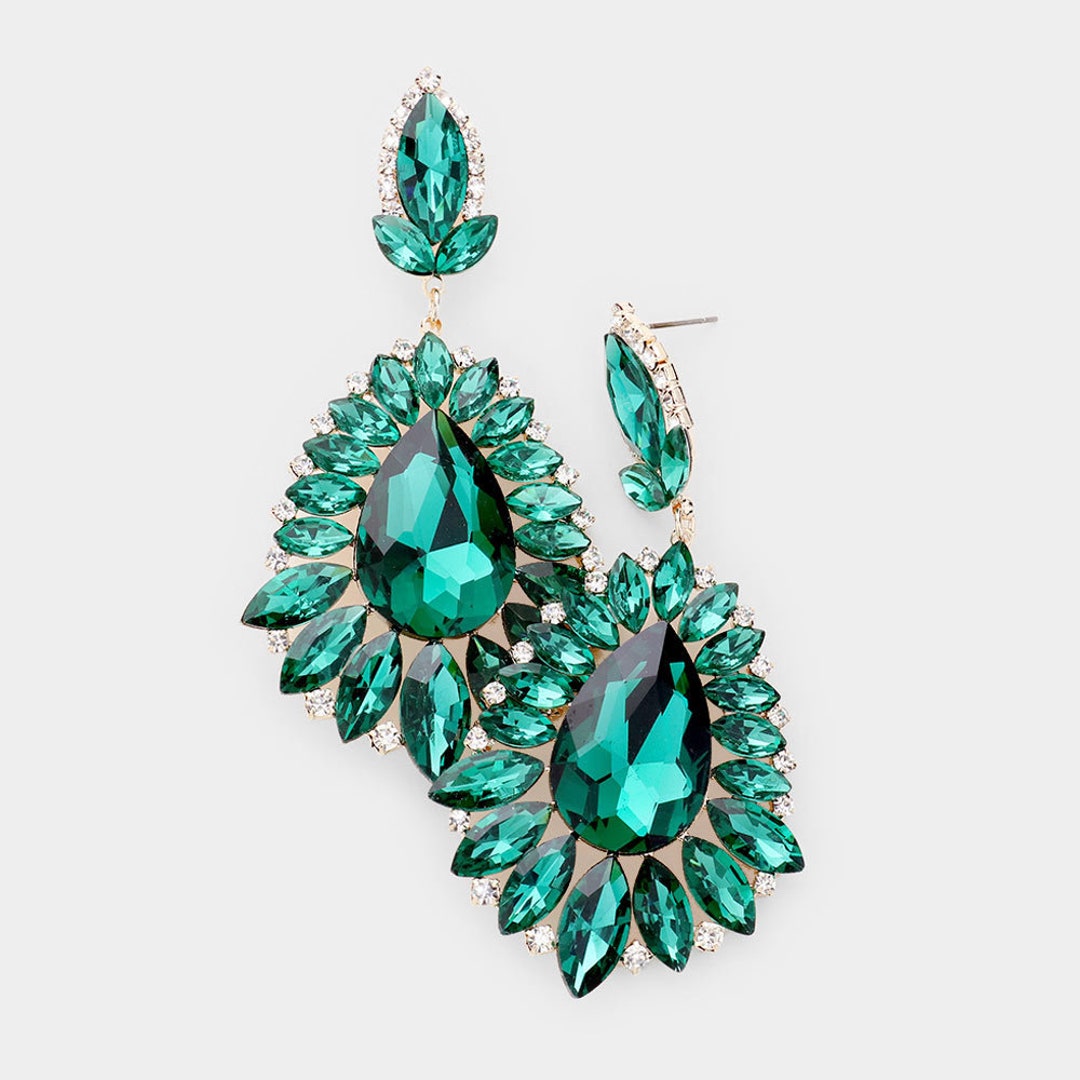 Green Earrings, Large Emerald Rhinestone Earrings, Emerald Green