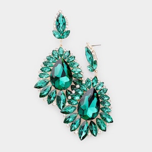 Green Earrings, Large Emerald rhinestone earrings, Emerald green pageant earrings, Green Prom earrings, emerald bridal earrings