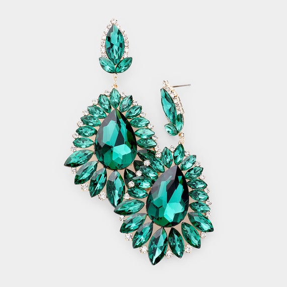 Green Earrings, Large Emerald Rhinestone Earrings, Emerald Green