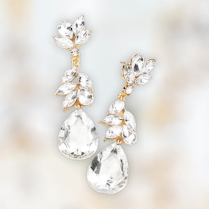 Bridal Earrings, Rhinestone Earrings, Clear Crystal and Gold Pageant Earrings, Formal Prom Earrings, Crystal Evening Earrings