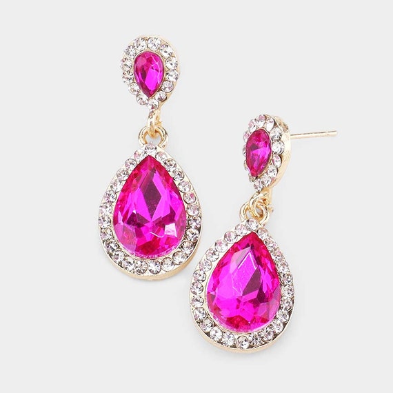 Hot Pink Earrings/ Fuchsia Rhinestone Earrings/ Pink Prom Earrings/ Fuchsia Gift Earrings/ Pink Dangle Earrings, Hot Pink teardrop