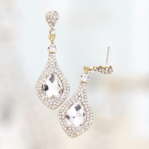 Rhinestone Earrings, clear and gold bridal earrings, pageant dangle earrings, prom dressy earrings