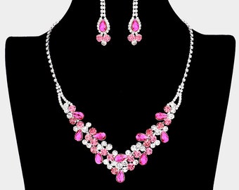 Earring Set Hebelee Teardrop Pendant Necklace Jewelry Sets For Women Pink Opal Water Drop Necklaces And Rose Gold-Toned Wedding Jewelry For Brides And Bridesmaid Earrings Set