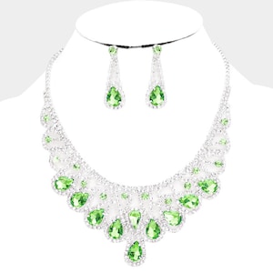 Green Rhinestone necklace, Light green necklace, Chartreuse green necklace set, pageant, lime green prom necklace set and special occasions