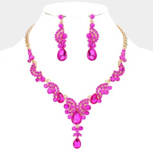 Hot Pink Rhinestone Necklace and Earring Set, hot pink prom necklace and earring set, Pink and Gold pageant earring and necklace set