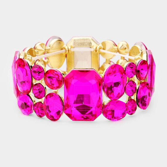 Fuchsia Bracelet, hot pink rhinestone bracelet, Fuchsia prom bracelet,  large fuchsia bracelet, pink stretch bracelet, hot pink prom bracelet
